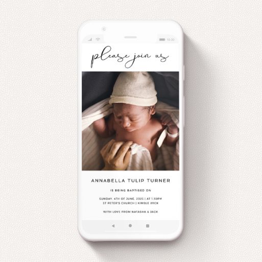 A christening invitation for whatsapp design called "Please Join Us". It is a smartphone screen sized invite in a portrait orientation. It is a photographic christening invitation for whatsapp with room for 1 photo. "Please Join Us" is available as a flat invite, with mainly white colouring.