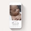A christening invitation for whatsapp template titled "Portraiture". It is a smartphone screen sized invite in a portrait orientation. It is a photographic christening invitation for whatsapp with room for 1 photo. "Portraiture" is available as a flat invite, with tones of black and white.