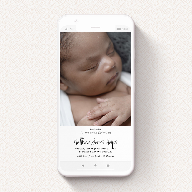 A christening invitation for whatsapp template titled "Portraiture". It is a smartphone screen sized invite in a portrait orientation. It is a photographic christening invitation for whatsapp with room for 1 photo. "Portraiture" is available as a flat invite, with tones of black and white.