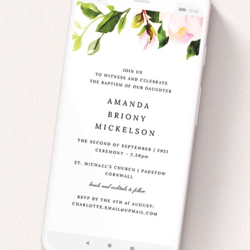 A christening invitation for whatsapp design called 'Rose Roof'. It is a smartphone screen sized invite in a portrait orientation. 'Rose Roof' is available as a flat invite, with tones of pink and green.