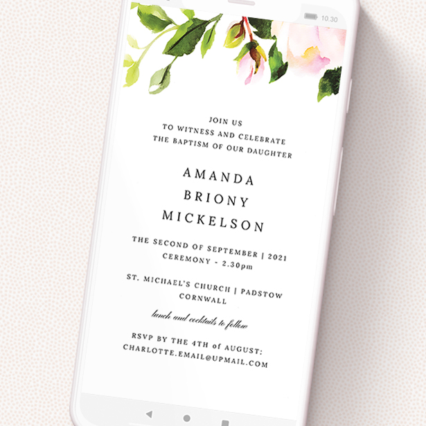 A christening invitation for whatsapp design called 'Rose Roof'. It is a smartphone screen sized invite in a portrait orientation. 'Rose Roof' is available as a flat invite, with tones of pink and green.