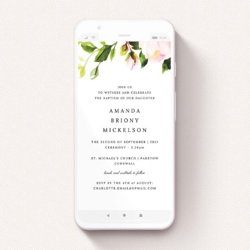 A christening invitation for whatsapp design called "Rose Roof". It is a smartphone screen sized invite in a portrait orientation. "Rose Roof" is available as a flat invite, with tones of pink and green.