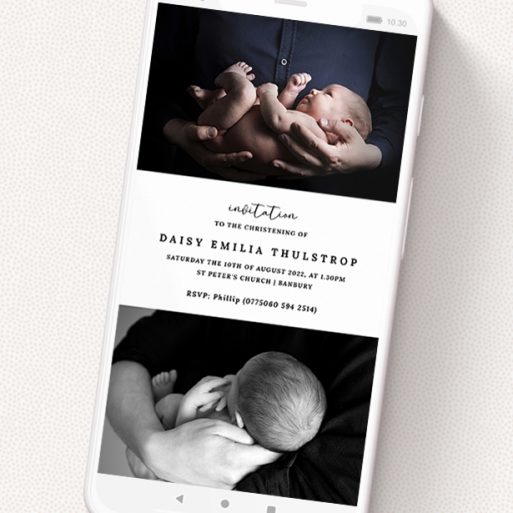 A christening invitation for whatsapp called 'Sat in the Middle'. It is a smartphone screen sized invite in a portrait orientation. It is a photographic christening invitation for whatsapp with room for 2 photos. 'Sat in the Middle' is available as a flat invite, with tones of black and white.