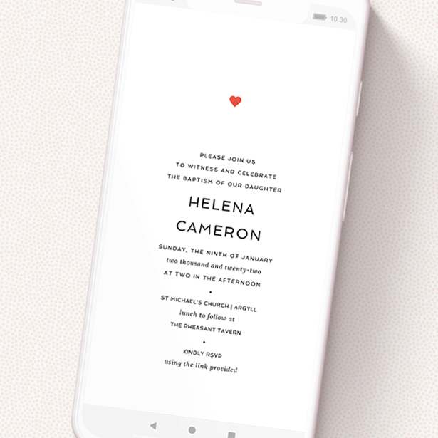 A christening invitation for whatsapp design titled 'Simple Heart'. It is a smartphone screen sized invite in a portrait orientation. 'Simple Heart' is available as a flat invite, with tones of white and red.
