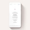 A christening invitation for whatsapp design titled "Simple Heart". It is a smartphone screen sized invite in a portrait orientation. "Simple Heart" is available as a flat invite, with tones of white and red.