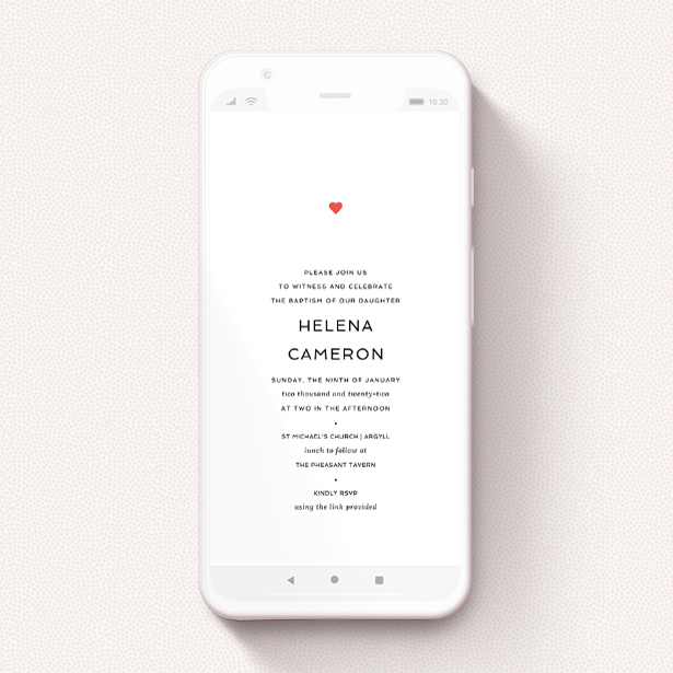 A christening invitation for whatsapp design titled "Simple Heart". It is a smartphone screen sized invite in a portrait orientation. "Simple Heart" is available as a flat invite, with tones of white and red.