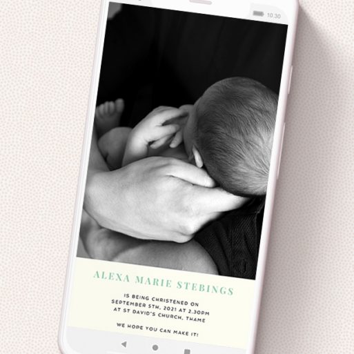 A christening invitation for whatsapp called 'Simple Portrait'. It is a smartphone screen sized invite in a portrait orientation. It is a photographic christening invitation for whatsapp with room for 1 photo. 'Simple Portrait' is available as a flat invite, with mainly white colouring.