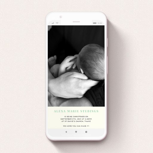 A christening invitation for whatsapp called "Simple Portrait". It is a smartphone screen sized invite in a portrait orientation. It is a photographic christening invitation for whatsapp with room for 1 photo. "Simple Portrait" is available as a flat invite, with mainly white colouring.