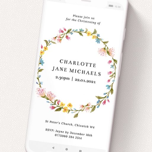A christening invitation for whatsapp called 'Summer Wreath'. It is a smartphone screen sized invite in a portrait orientation. 'Summer Wreath' is available as a flat invite, with mainly pink colouring.