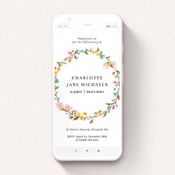 A christening invitation for whatsapp called "Summer Wreath". It is a smartphone screen sized invite in a portrait orientation. "Summer Wreath" is available as a flat invite, with mainly pink colouring.