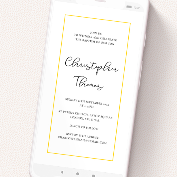 A christening invitation for whatsapp called 'Sunny Yellow'. It is a smartphone screen sized invite in a portrait orientation. 'Sunny Yellow' is available as a flat invite, with tones of white and yellow.
