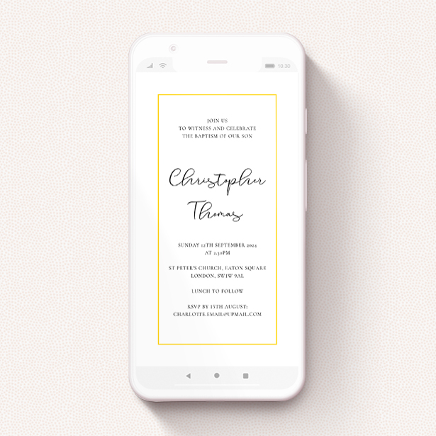 A christening invitation for whatsapp called "Sunny Yellow". It is a smartphone screen sized invite in a portrait orientation. "Sunny Yellow" is available as a flat invite, with tones of white and yellow.