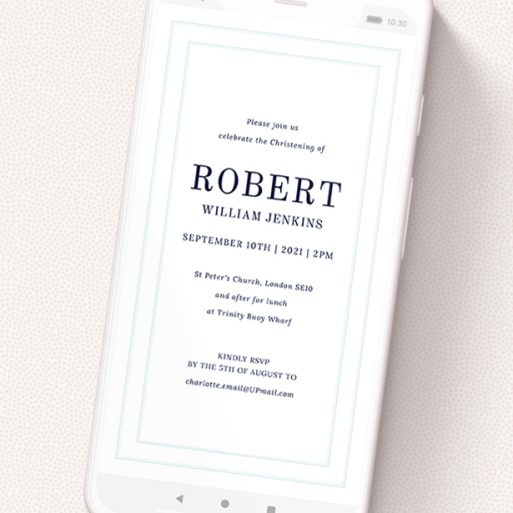 A christening invitation for whatsapp named 'Thick White and Thin Blue'. It is a smartphone screen sized invite in a portrait orientation. 'Thick White and Thin Blue' is available as a flat invite, with tones of blue and white.
