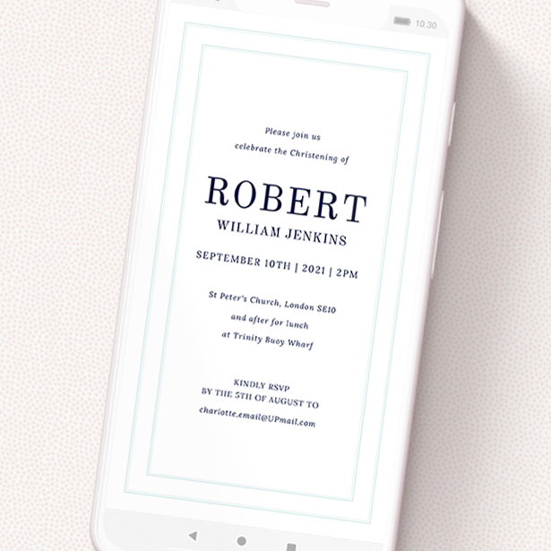 A christening invitation for whatsapp named 'Thick White and Thin Blue'. It is a smartphone screen sized invite in a portrait orientation. 'Thick White and Thin Blue' is available as a flat invite, with tones of blue and white.