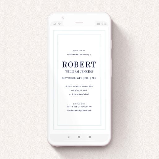 A christening invitation for whatsapp named "Thick White and Thin Blue". It is a smartphone screen sized invite in a portrait orientation. "Thick White and Thin Blue" is available as a flat invite, with tones of blue and white.