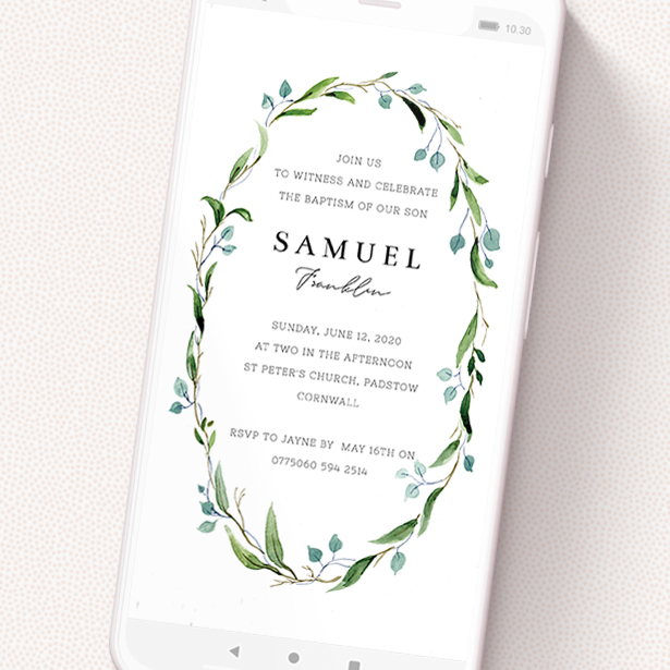 A christening invitation for whatsapp template titled 'Thin Summer Wreath'. It is a smartphone screen sized invite in a portrait orientation. 'Thin Summer Wreath' is available as a flat invite, with tones of blue and green.