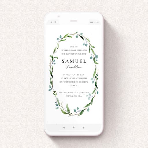 A christening invitation for whatsapp template titled "Thin Summer Wreath". It is a smartphone screen sized invite in a portrait orientation. "Thin Summer Wreath" is available as a flat invite, with tones of blue and green.