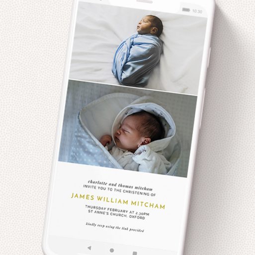 A christening invitation for whatsapp named 'Three Thirds'. It is a smartphone screen sized invite in a portrait orientation. It is a photographic christening invitation for whatsapp with room for 1 photo. 'Three Thirds' is available as a flat invite, with tones of gold and white.