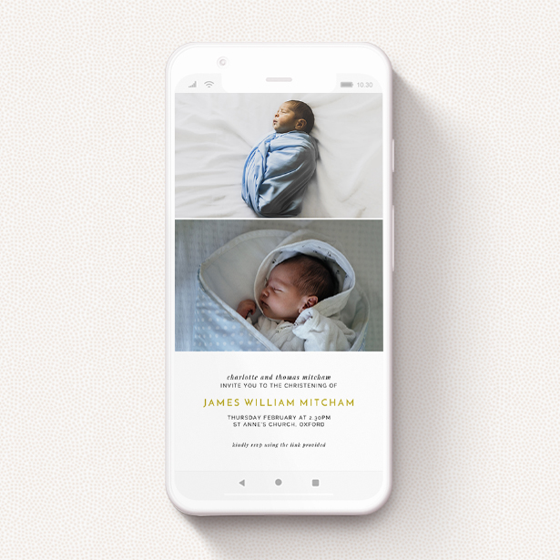 A christening invitation for whatsapp named "Three Thirds". It is a smartphone screen sized invite in a portrait orientation. It is a photographic christening invitation for whatsapp with room for 1 photo. "Three Thirds" is available as a flat invite, with tones of gold and white.