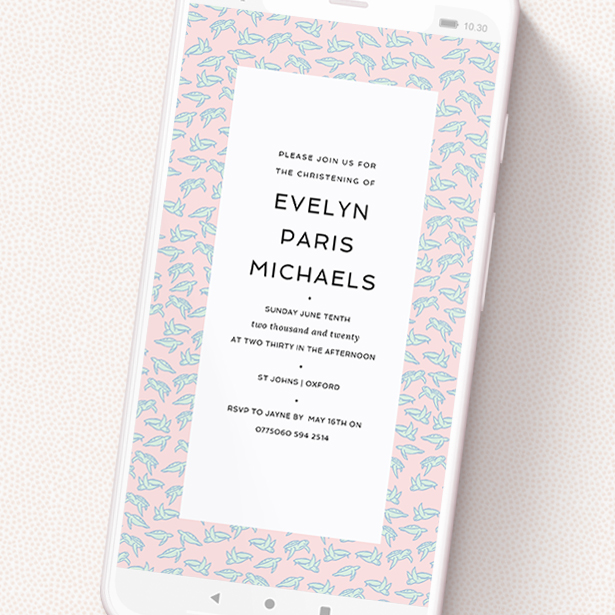 A christening invitation for whatsapp called 'Tiny, Tiny Turtles'. It is a smartphone screen sized invite in a portrait orientation. 'Tiny, Tiny Turtles' is available as a flat invite, with tones of blue and pink.