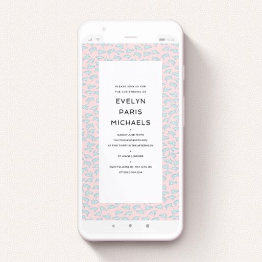 A christening invitation for whatsapp called "Tiny, Tiny Turtles". It is a smartphone screen sized invite in a portrait orientation. "Tiny, Tiny Turtles" is available as a flat invite, with tones of blue and pink.