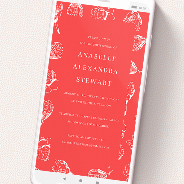 A christening invitation for whatsapp design named 'White Florals on Red'. It is a smartphone screen sized invite in a portrait orientation. 'White Florals on Red' is available as a flat invite, with tones of red and white.