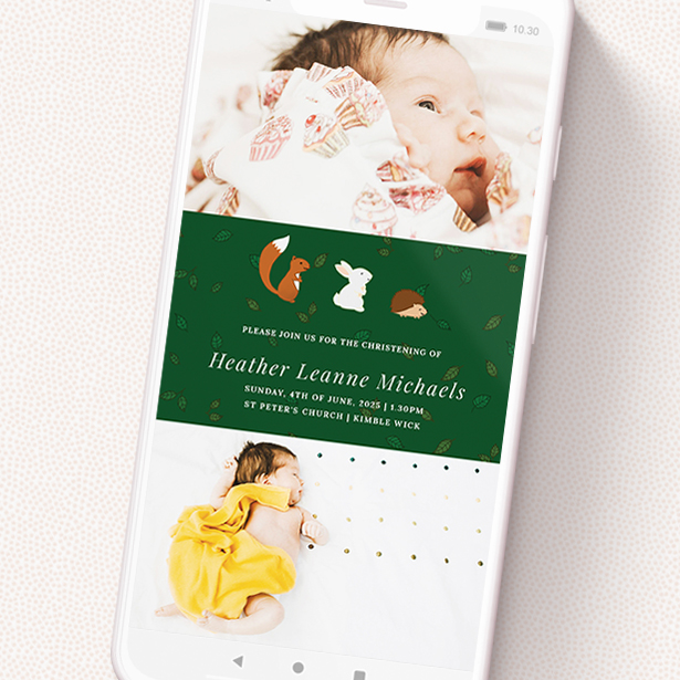 A christening invitation for whatsapp design titled 'Woodland Chums'. It is a smartphone screen sized invite in a portrait orientation. It is a photographic christening invitation for whatsapp with room for 2 photos. 'Woodland Chums' is available as a flat invite, with tones of green, orange and brown.