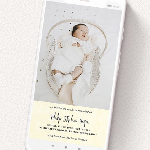 A christening invitation for whatsapp design named 'Worn Yellow'. It is a smartphone screen sized invite in a portrait orientation. It is a photographic christening invitation for whatsapp with room for 1 photo. 'Worn Yellow' is available as a flat invite, with mainly cream colouring.