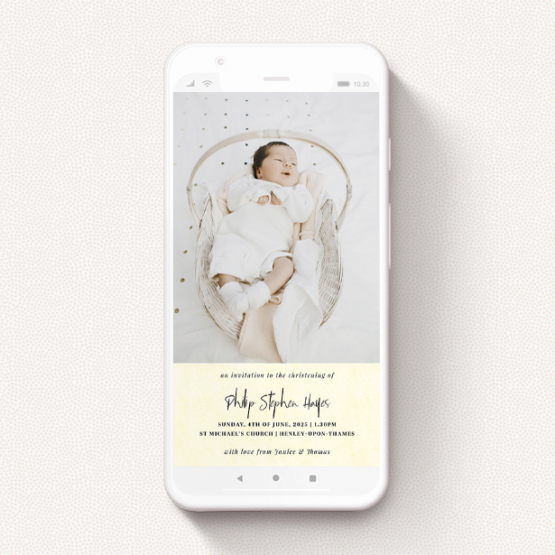 A christening invitation for whatsapp design named "Worn Yellow". It is a smartphone screen sized invite in a portrait orientation. It is a photographic christening invitation for whatsapp with room for 1 photo. "Worn Yellow" is available as a flat invite, with mainly cream colouring.