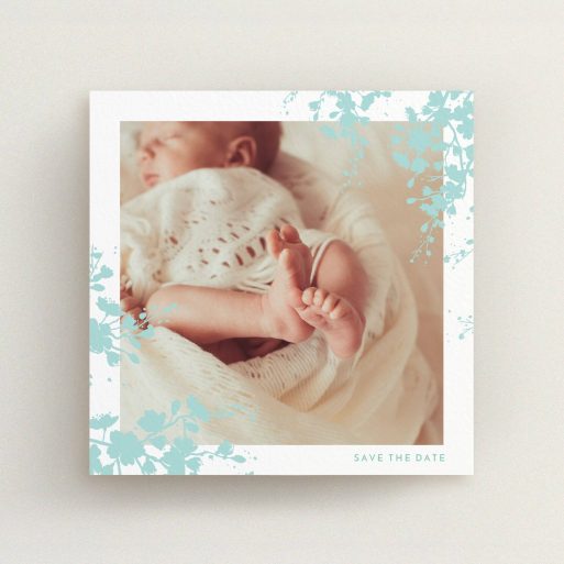 Christening Invitation Design - "Forest Frame" A christening invitation design named "Forest Frame". It is a square (148mm x 148mm) invite in a square orientation. It is a photographic christening invitation with room for 1 photo. "Forest Frame" is available as a flat invite, with tones of blue and white.