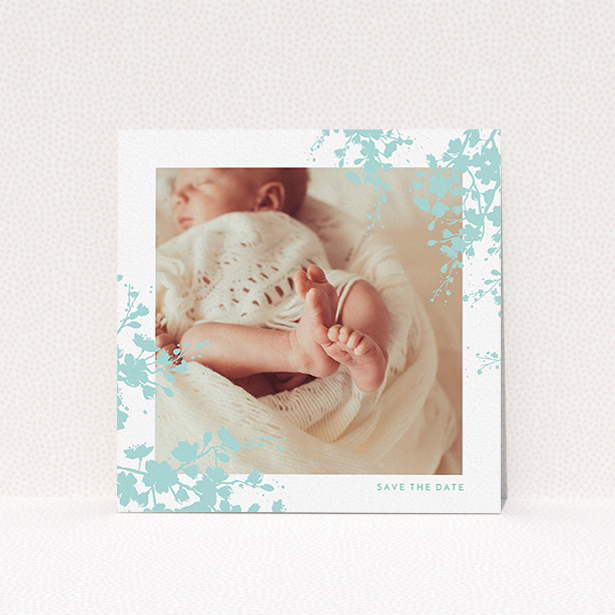 A christening invitation design named "Forest Frame". It is a square (148mm x 148mm) invite in a square orientation. It is a photographic christening invitation with room for 1 photo. "Forest Frame" is available as a flat invite, with tones of blue and white.