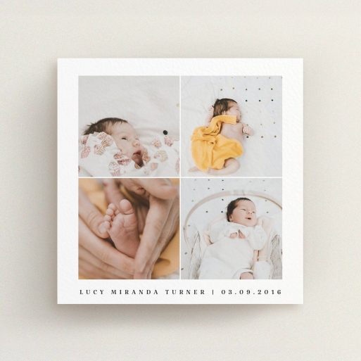 Christening Invitation Design - "Four Corners Photo" A christening invitation template titled "Four Corners Photo". It is a square (148mm x 148mm) invite in a square orientation. It is a photographic christening invitation with room for 4 photos. "Four Corners Photo" is available as a flat invite, with mainly white colouring.