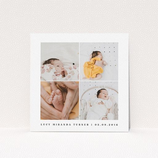 A christening invitation template titled "Four Corners Photo". It is a square (148mm x 148mm) invite in a square orientation. It is a photographic christening invitation with room for 4 photos. "Four Corners Photo" is available as a flat invite, with mainly white colouring.