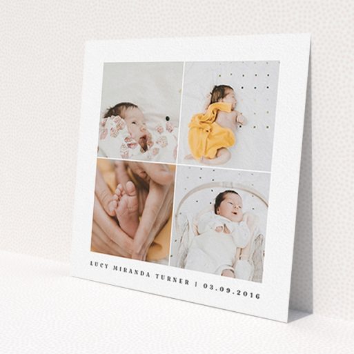 A christening invitation template titled 'Four Corners Photo'. It is a square (148mm x 148mm) invite in a square orientation. It is a photographic christening invitation with room for 4 photos. 'Four Corners Photo' is available as a flat invite, with mainly white colouring.