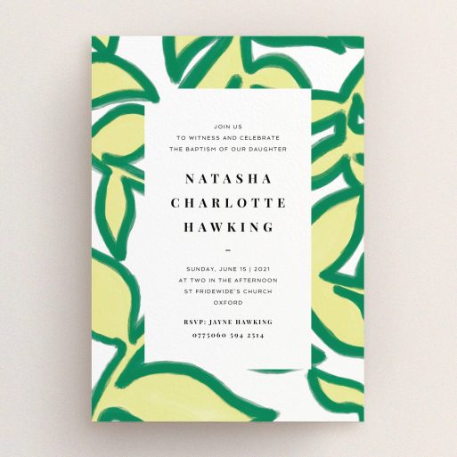 Christening Invitation Design - "Fresh Vines" A christening invitation template titled "Fresh Vines". It is an A5 invite in a portrait orientation. "Fresh Vines" is available as a flat invite, with tones of green and white.