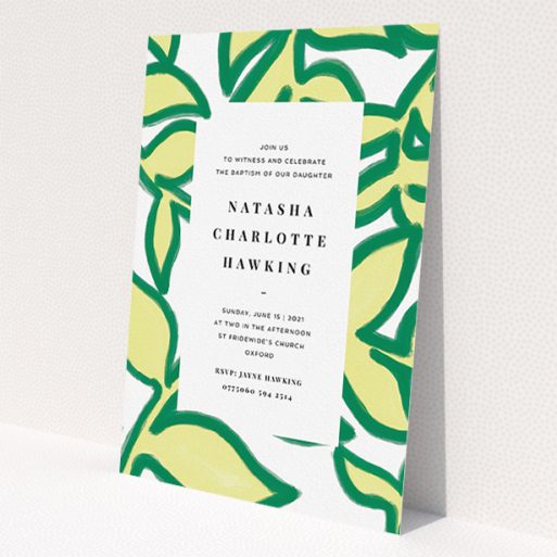 A christening invitation template titled 'Fresh Vines'. It is an A5 invite in a portrait orientation. 'Fresh Vines' is available as a flat invite, with tones of green and white.