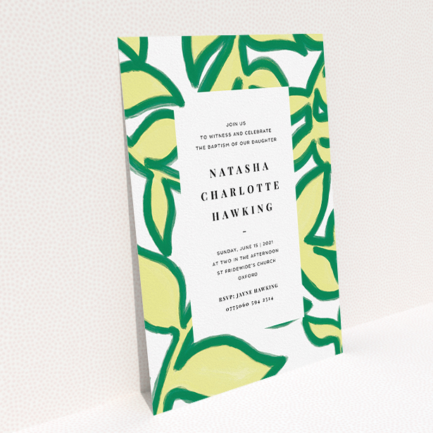 A christening invitation template titled "Fresh Vines". It is an A5 invite in a portrait orientation. "Fresh Vines" is available as a flat invite, with tones of green and white.