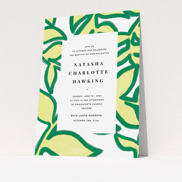 A christening invitation template titled "Fresh Vines". It is an A5 invite in a portrait orientation. "Fresh Vines" is available as a flat invite, with tones of green and white.