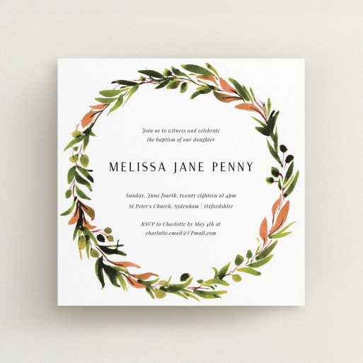 Christening Invitation Design - "Greco Wreath" A christening invitation design called "Greco Wreath". It is a square (148mm x 148mm) invite in a square orientation. "Greco Wreath" is available as a flat invite, with tones of green, dark green and terracotta.