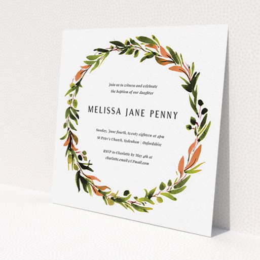 A christening invitation design called 'Greco Wreath'. It is a square (148mm x 148mm) invite in a square orientation. 'Greco Wreath' is available as a flat invite, with tones of green, dark green and terracotta.
