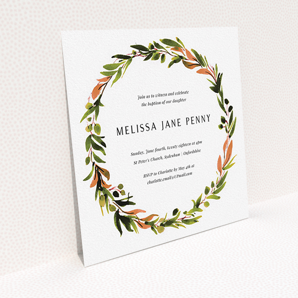 A christening invitation design called "Greco Wreath". It is a square (148mm x 148mm) invite in a square orientation. "Greco Wreath" is available as a flat invite, with tones of green, dark green and terracotta.