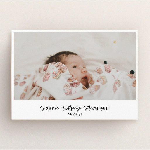 Christening Invitation Design - "Handwritten Photo" A christening invitation design named "Handwritten Photo". It is an A5 invite in a landscape orientation. It is a photographic christening invitation with room for 1 photo. "Handwritten Photo" is available as a flat invite, with mainly white colouring.
