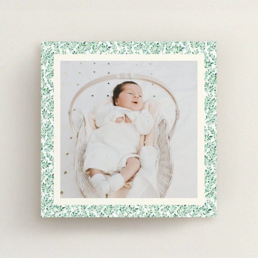 Christening Invitation Design - "Hedgerow Frame" A christening invitation template titled "Hedgerow Frame". It is a square (148mm x 148mm) invite in a square orientation. It is a photographic christening invitation with room for 1 photo. "Hedgerow Frame" is available as a flat invite, with tones of green and white.