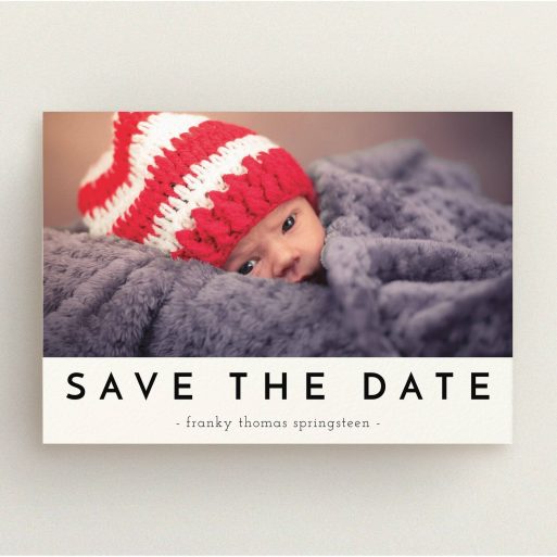Christening Invitation Design - "Let us introduce" A christening invitation design named "Let us introduce". It is an A5 invite in a landscape orientation. It is a photographic christening invitation with room for 1 photo. "Let us introduce" is available as a flat invite, with mainly cream colouring.