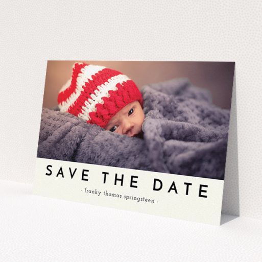 A christening invitation design named 'Let us introduce'. It is an A5 invite in a landscape orientation. It is a photographic christening invitation with room for 1 photo. 'Let us introduce' is available as a flat invite, with mainly cream colouring.