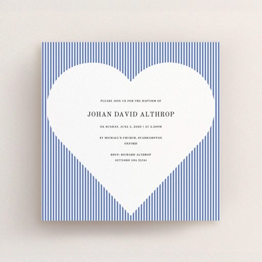 Christening Invitation Design - "Line Heart" A christening invitation template titled "Line Heart". It is a square (148mm x 148mm) invite in a square orientation. "Line Heart" is available as a flat invite, with tones of blue and white.