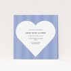 A christening invitation template titled "Line Heart". It is a square (148mm x 148mm) invite in a square orientation. "Line Heart" is available as a flat invite, with tones of blue and white.