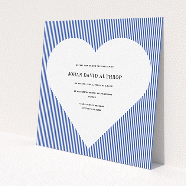 A christening invitation template titled 'Line Heart'. It is a square (148mm x 148mm) invite in a square orientation. 'Line Heart' is available as a flat invite, with tones of blue and white.