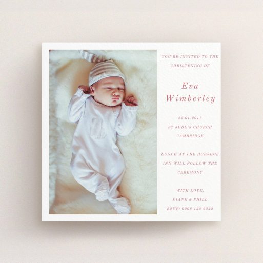 Christening Invitation Design - "Message of Love" A christening invitation template titled "Message of Love". It is a square (148mm x 148mm) invite in a square orientation. It is a photographic christening invitation with room for 1 photo. "Message of Love" is available as a flat invite, with tones of white and red.