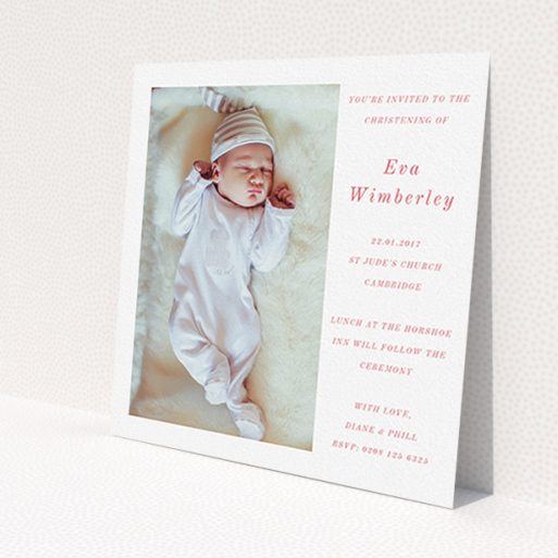 A christening invitation template titled 'Message of Love'. It is a square (148mm x 148mm) invite in a square orientation. It is a photographic christening invitation with room for 1 photo. 'Message of Love' is available as a flat invite, with tones of white and red.